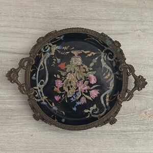 Vintage Floral Embroidered Tray with Handles